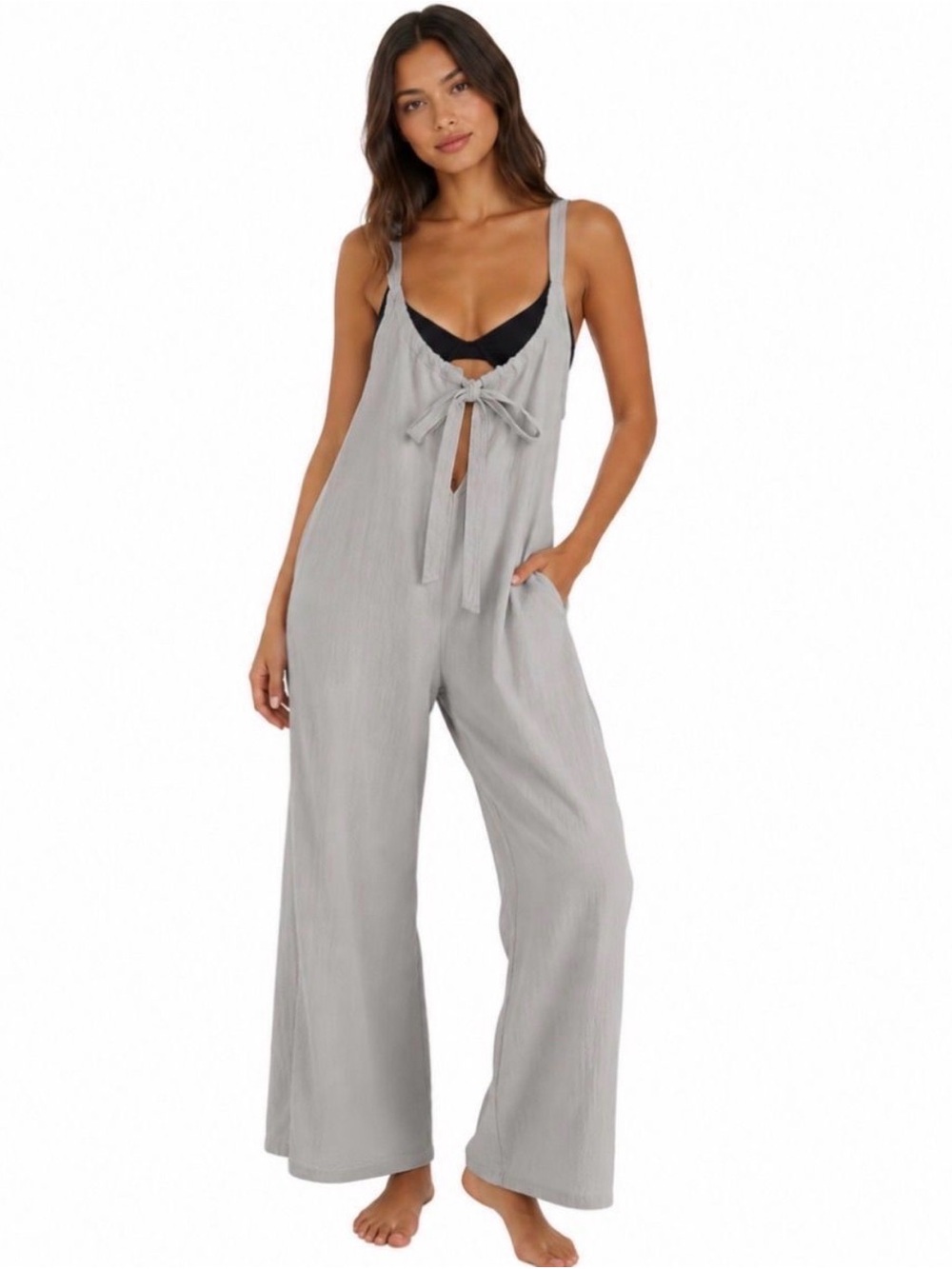 ZENANA~ Tie-Front Wide Leg Jumpsuit~M~Light Gray
